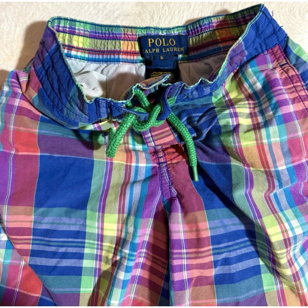 POLO RALPH LAUREN‎ Swim Shorts Trunks Boys size 6 BLUE Red Yellow Green PLAID